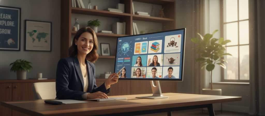 A modern, virtual language lesson scene featuring an adaptable online tutor engaging with a diverse group of eager learners through their laptops. In the foreground, a professional tutor in smart casual attire, sitting comfortably at a chic desk, interacts with students via a large screen. The middle ground displays a virtual classroom interface with vibrant lessons displayed, including maps, vocabulary flashcards, and cultural artifacts. In the background, a stylish, well-lit room with bookshelves and motivational posters creates an inviting atmosphere. Soft, natural lighting shines through a nearby window, suggesting a warm, friendly environment conducive to learning. The overall mood is focused yet friendly, capturing the essence of personalized, engaging online education.