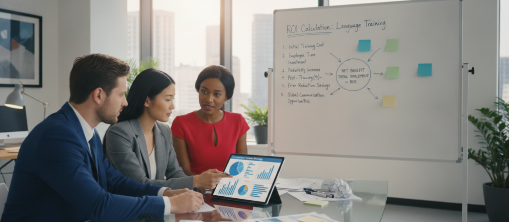 A professional setting illustrating "training cost calculation for language training ROI." Foreground features a diverse group of three business professionals—one man and two women—dressed in smart business attire, engaged in discussion around a large tablet displaying charts and graphs. In the middle ground, a whiteboard outlines key steps for calculating ROI, with colorful markers and sticky notes cluttering the space. The background includes a sleek office environment with large windows, allowing natural light to stream in, illuminating the modern decor. The atmosphere is focused and collaborative, emphasizing the importance of teamwork in financial analysis. Soft, warm lighting enhances the inviting mood, while a shallow depth of field slightly blurs the office backdrop, drawing attention to the foreground interaction.