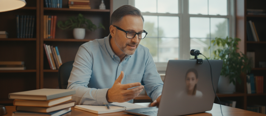 A qualified English teacher conducting an online trial lesson via video call. A qualified English teacher conducting an online trial lesson via video call. In the foreground, depict the teacher, a middle-aged Caucasian man, dressed in professional attire with a collared shirt and glasses, engaging thoughtfully with a laptop. The middle background features a cozy home office setting with bookshelves filled with English literature and language learning resources, a potted plant, and a softly glowing desk lamp. In the background, a window reveals a tranquil suburban landscape with soft daylight streaming in. The mood is inviting, focused, and educational, captured from an eye-level angle to create a personal connection with the viewer. The lighting should be warm and soft, emphasizing a friendly and professional atmosphere conducive to learning.