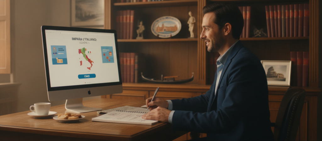 A serene home office setting as the foreground, with a computer screen displaying an engaging online Italian language learning platform. In the middle, a person (wearing professional business attire) is sitting at a desk, focused on the screen, making notes in a notebook. They have a look of concentration and excitement, embodying the process of learning. In the background, a large bookshelf filled with Italian language books and cultural artifacts, providing a rich context for the learning journey. Soft, warm lighting enhances the inviting atmosphere, and the scene has a slight depth of field effect to draw attention to the learner’s engagement. The overall mood is one of enthusiasm and dedication to mastering the Italian language, inspiring viewers to embark on their own learning journey. A serene home office setting as the foreground, with a computer screen displaying an engaging online Italian language learning platform. In the middle, a person (wearing professional business attire) is sitting at a desk, focused on the screen, making notes in a notebook. They have a look of concentration and excitement, embodying the process of learning. In the background, a large bookshelf filled with Italian language books and cultural artifacts, providing a rich context for the learning journey. Soft, warm lighting enhances the inviting atmosphere, and the scene has a slight depth of field effect to draw attention to the learner’s engagement. The overall mood is one of enthusiasm and dedication to mastering the Italian language, inspiring viewers to embark on their own learning journey.