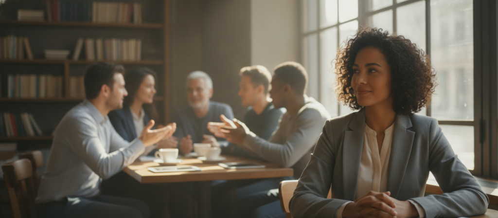 A serene scene depicting a diverse group of adults sitting in a modern, sunlit café. In the foreground, a thoughtful individual is gazing out the window, her expression reflecting a moment of clarity as she contemplates speaking in English without translation. She is dressed in professional attire, embodying focus and confidence. In the middle ground, small clusters of people engage in animated discussions, showcasing various gestures and expressions that indicate deep conversations. The background features soft, blurred outlines of bookshelves filled with language-learning resources, suggesting a nurturing environment for language acquisition. The warm morning light filters through large windows, creating an inviting atmosphere that promotes relaxation and concentration. Capture the mood of connection and understanding, emphasizing the beauty of thinking directly in a second language.