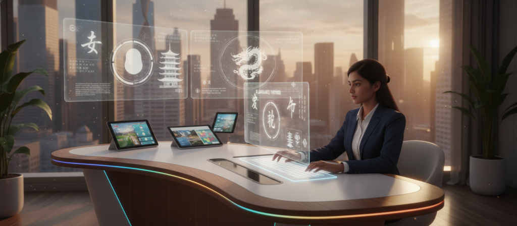 A sleek, modern study space filled with vibrant colors, showcasing a high-tech AI learning tool on a stylish desk. In the foreground, a focused individual of South Asian descent wears professional attire, interacting with a holographic interface displaying language learning modules. The middle layer features advanced educational technology, like interactive screens or tablets, depicting various languages and cultural symbols. In the background, a large window reveals a cityscape filled with skyscrapers, bathing the room in warm, natural light from a golden sunset, creating an atmosphere of inspiration and innovation. Use a slightly elevated angle to capture the depth of the study space, highlighting the blend of personal learning and AI technology, emphasizing a futuristic yet welcoming ambiance.