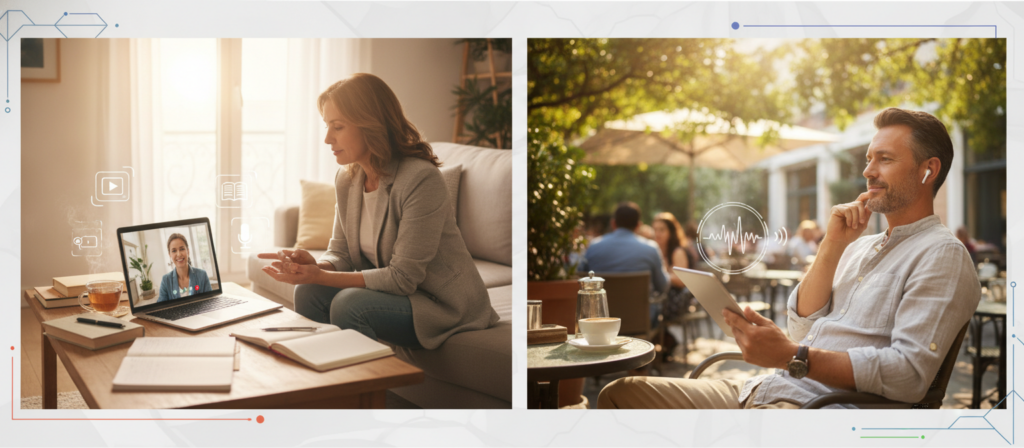A split-screen comparison of various methods to learn Spanish online, incorporating dynamic visuals. On the left, a well-lit modern living room scene featuring a middle-aged adult woman engaged in an online Spanish class on a laptop, surrounded by books and notes, wearing professional yet casual attire. On the right, an outdoor café setting with a middle-aged adult man using a tablet, a coffee cup beside him, enjoying a Spanish podcast, exuding a relaxed, focused atmosphere. The background should include hints of digital elements like floating icons representing online learning tools (videos, apps, courses) and a soft, inviting sunlight filtering through trees creating a warm mood. The angle should be slightly elevated, capturing both scenes in a balanced yet dynamic composition to reflect a comparative analysis. A split-screen comparison of various methods to learn Spanish online, incorporating dynamic visuals. On the left, a well-lit modern living room scene featuring a middle-aged adult woman engaged in an online Spanish class on a laptop, surrounded by books and notes, wearing professional yet casual attire. On the right, an outdoor café setting with a middle-aged adult man using a tablet, a coffee cup beside him, enjoying a Spanish podcast, exuding a relaxed, focused atmosphere. The background should include hints of digital elements like floating icons representing online learning tools (videos, apps, courses) and a soft, inviting sunlight filtering through trees creating a warm mood. The angle should be slightly elevated, capturing both scenes in a balanced yet dynamic composition to reflect a comparative analysis.
