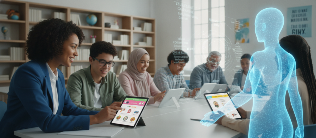 A vibrant comparison scene depicting an AI language tutor and a human tutor in a modern, well-lit classroom. In the foreground, a friendly human tutor, dressed in professional business attire, engages with a student, pointing at a tablet displaying interactive language lessons. Beside them, a sleek, futuristic AI tutor—depicted as a holographic projection—illustrates language concepts with visually striking infographics. In the middle ground, a diverse group of students actively participates in the learning environment, showcasing various ethnicities and ages, all immersed in the experience. The background features a bright, airy classroom with bookshelves and educational posters, reinforcing a warm and inspiring atmosphere. The lighting is soft yet bright, emphasizing a motivational and engaging mood, captured from a slight angle to showcase both tutors side by side, highlighting the relationship between AI and human teaching methods. A vibrant comparison scene depicting an AI language tutor and a human tutor in a modern, well-lit classroom. In the foreground, a friendly human tutor, dressed in professional business attire, engages with a student, pointing at a tablet displaying interactive language lessons. Beside them, a sleek, futuristic AI tutor—depicted as a holographic projection—illustrates language concepts with visually striking infographics. In the middle ground, a diverse group of students actively participates in the learning environment, showcasing various ethnicities and ages, all immersed in the experience. The background features a bright, airy classroom with bookshelves and educational posters, reinforcing a warm and inspiring atmosphere. The lighting is soft yet bright, emphasizing a motivational and engaging mood, captured from a slight angle to showcase both tutors side by side, highlighting the relationship between AI and human teaching methods.
