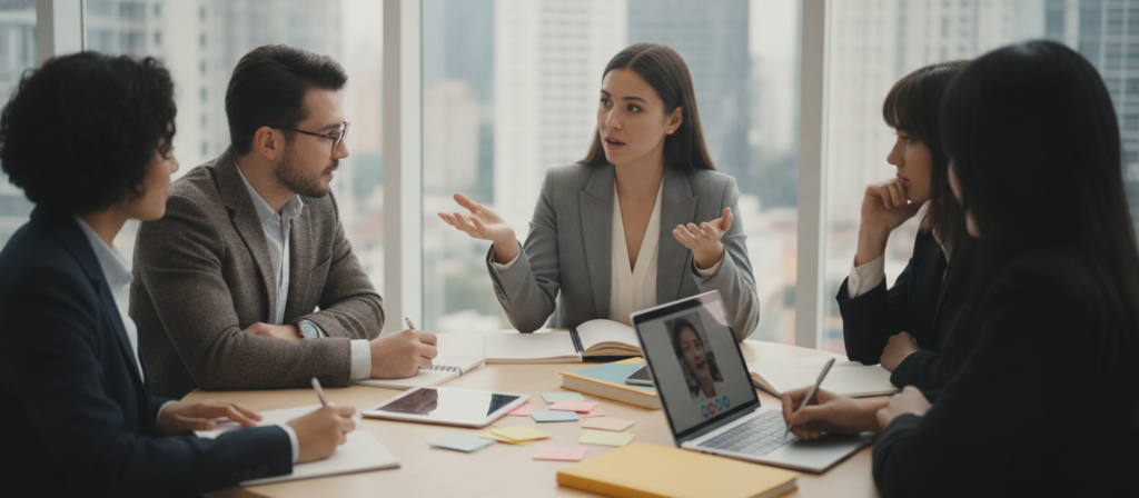 A vibrant scene depicting a group of diverse individuals engaged in a lively discussion about mastering fluent English. In the foreground, a professional-looking woman in business attire gestures, animatedly sharing her insights with the group. Nearby, a middle-aged man wearing glasses listens intently, jotting down notes on a notepad. The middle section of the image features a round table strewn with English language materials, such as books, flashcards, and a laptop. The background showcases a bright, modern office environment with large windows allowing natural daylight to flood the space, creating an optimistic and encouraging atmosphere. Soft shadows enhance the depth, while a slight lens blur suggests focus on the conversation. The overall mood is one of collaboration, enthusiasm, and the pursuit of language mastery, inviting viewers into the immersive experience of learning English confidently.