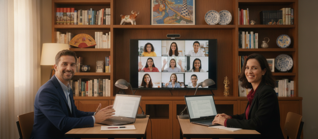 A virtual classroom setting featuring Spanish teachers from Spain conducting an online lesson. In the foreground, two instructors are engaged in teaching, one male and one female, both dressed in professional business attire, sitting at their desks with laptops open. The middle area shows a large computer screen displaying students' faces participating in the lesson, showing diversity among the learners. The background includes a cozy home office atmosphere with bookshelves filled with Spanish language books and decorative items related to Spanish culture. Soft, warm lighting creates an inviting atmosphere, and a slight depth of field adds focus to the teachers, conveying a sense of connection in the online learning environment.