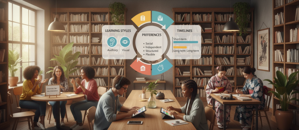 A visual representation of language learning style comparison, showcasing various methods in an organized layout. In the foreground, feature diverse individuals engaging in different learning techniques: one group participating in a conversation-focused class, another using digital tools with tablets, and a third group immersed in a cultural immersion activity. In the middle, a balanced infographic-like structure illustrates key factors like learning styles, preferences, and timelines with arrows connecting each segment. The background should depict a modern, cozy study environment with bookshelves, plants, and soft lighting to create a warm and motivating atmosphere. Use a wide-angle lens perspective to capture the entire scene, emphasizing diversity and collaboration. The mood should be vibrant and encouraging, reflecting a positive approach to language learning. A visual representation of language learning style comparison, showcasing various methods in an organized layout. In the foreground, feature diverse individuals engaging in different learning techniques: one group participating in a conversation-focused class, another using digital tools with tablets, and a third group immersed in a cultural immersion activity. In the middle, a balanced infographic-like structure illustrates key factors like learning styles, preferences, and timelines with arrows connecting each segment. The background should depict a modern, cozy study environment with bookshelves, plants, and soft lighting to create a warm and motivating atmosphere. Use a wide-angle lens perspective to capture the entire scene, emphasizing diversity and collaboration. The mood should be vibrant and encouraging, reflecting a positive approach to language learning.