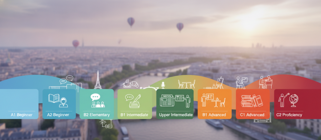 A visual timeline illustrating French fluency levels according to the CEFR framework, ranging from beginner (A1) to advanced (C2). The foreground features color-coded sections representing each level, with icons depicting learning activities such as reading, speaking, and listening. In the middle, a smooth gradient transitions between the levels, with vibrant illustrations of French cultural elements like the Eiffel Tower and café scenes subtly integrated. The background showcases a blurred, serene Parisian landscape with soft pastel colors, evoking a sense of exploration and achievement. Natural daylight bathes the scene, creating a welcoming and aspirational atmosphere. The image should be clean and professional, with no text or distractions, focusing solely on conveying the journey of learning French through visual representation. A visual timeline illustrating French fluency levels according to the CEFR framework, ranging from beginner (A1) to advanced (C2). The foreground features color-coded sections representing each level, with icons depicting learning activities such as reading, speaking, and listening. In the middle, a smooth gradient transitions between the levels, with vibrant illustrations of French cultural elements like the Eiffel Tower and café scenes subtly integrated. The background showcases a blurred, serene Parisian landscape with soft pastel colors, evoking a sense of exploration and achievement. Natural daylight bathes the scene, creating a welcoming and aspirational atmosphere. The image should be clean and professional, with no text or distractions, focusing solely on conveying the journey of learning French through visual representation.