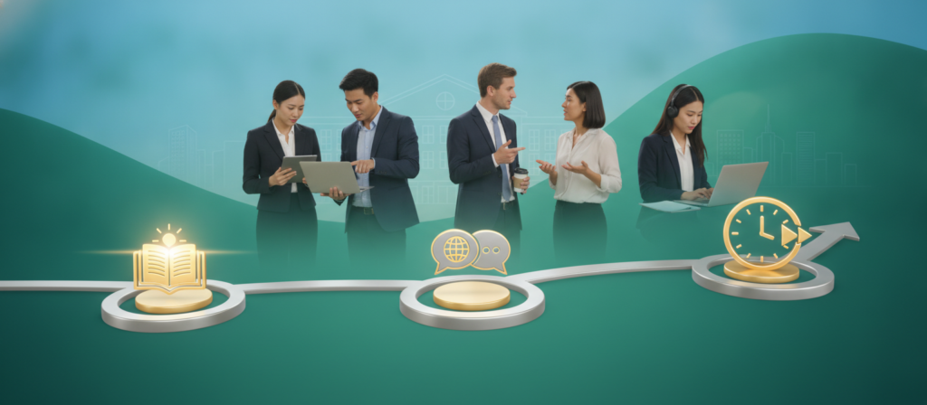 A visually engaging English fluency timeline illustrating the progression from beginner to intermediate levels. In the foreground, create a clear, upward arc representing milestones, featuring icons like books, chat bubbles, and clocks symbolizing learning stages. In the middle ground, depict diverse individuals of varying ethnicities, dressed in professional business attire, engaged in activities such as studying, conversing, and using technology—emphasizing collaboration and learning. The background features soft gradients of blue and green, symbolizing growth, with subtle outlines of a classroom and cityscape to evoke a scholarly atmosphere. The lighting is bright but warm, highlighting the subjects and creating an inviting mood that encourages growth and achievement. The overall composition should be clean and organized, with no text or distractions.