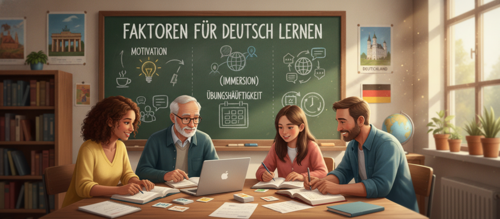 A visually engaging and educational illustration depicting various factors influencing the learning of German. In the foreground, a diverse group of learners representing different ages and backgrounds are seated at a table, studying together with books, laptops, and flashcards scattered around. In the middle ground, a chalkboard displays key concepts, such as "motivation," "language immersion," and "practice frequency," represented through colorful icons and drawings. The background features a cozy classroom environment with posters of German culture and landmarks on the walls, natural light streaming through large windows creating a warm atmosphere. The overall mood is collaborative and focused, emphasizing the importance of community and resources in language learning. Shot with a soft focus, capturing the essence of a dynamic learning experience. A visually engaging and educational illustration depicting various factors influencing the learning of German. In the foreground, a diverse group of learners representing different ages and backgrounds are seated at a table, studying together with books, laptops, and flashcards scattered around. In the middle ground, a chalkboard displays key concepts, such as "motivation," "language immersion," and "practice frequency," represented through colorful icons and drawings. The background features a cozy classroom environment with posters of German culture and landmarks on the walls, natural light streaming through large windows creating a warm atmosphere. The overall mood is collaborative and focused, emphasizing the importance of community and resources in language learning. Shot with a soft focus, capturing the essence of a dynamic learning experience.