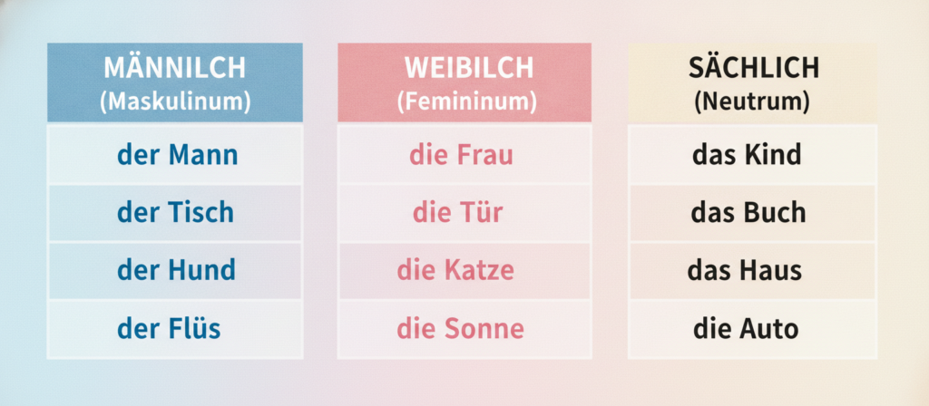 A visually engaging chart illustrating masculine, feminine, and neuter German nouns, prominently displayed in a well-organized, educational format. In the foreground, crisp, colorful labels for each noun gender—highlighted in distinct shades for clarity. The middle section features a clean, structured grid layout, showcasing example nouns and their genders with subtle texture for depth. The background consists of soft pastel colors to create an inviting learning atmosphere, with a gradient that transitions smoothly from blue to pink to neutral tones. The image is illuminated with soft, diffused lighting to enhance readability and focus on the chart's details. The overall mood is informative yet approachable, designed to engage learners in the understanding of German gender rules. A visually engaging chart illustrating masculine, feminine, and neuter German nouns, prominently displayed in a well-organized, educational format. In the foreground, crisp, colorful labels for each noun gender—highlighted in distinct shades for clarity. The middle section features a clean, structured grid layout, showcasing example nouns and their genders with subtle texture for depth. The background consists of soft pastel colors to create an inviting learning atmosphere, with a gradient that transitions smoothly from blue to pink to neutral tones. The image is illuminated with soft, diffused lighting to enhance readability and focus on the chart's details. The overall mood is informative yet approachable, designed to engage learners in the understanding of German gender rules.