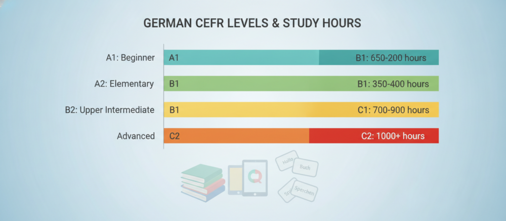 A visually engaging chart illustrating the CEFR levels of German proficiency, showcasing the recommended study hours for each level: A1, A2, B1, B2, C1, and C2. The foreground features a clear, structured bar graph with distinct color coding for each level, labeled with study hour ranges. The middle section displays subtle icons representing language learning tools like books and flashcards. In the background, a soft gradient of light blue and white conveys a sense of calm and focus, symbolizing a conducive learning environment. The overall atmosphere is informative and encouraging, with natural lighting creating a professional yet approachable feel. The chart should be organized and easy to understand, highlighting the path to mastering German proficiency. A visually engaging chart illustrating the CEFR levels of German proficiency, showcasing the recommended study hours for each level: A1, A2, B1, B2, C1, and C2. The foreground features a clear, structured bar graph with distinct color coding for each level, labeled with study hour ranges. The middle section displays subtle icons representing language learning tools like books and flashcards. In the background, a soft gradient of light blue and white conveys a sense of calm and focus, symbolizing a conducive learning environment. The overall atmosphere is informative and encouraging, with natural lighting creating a professional yet approachable feel. The chart should be organized and easy to understand, highlighting the path to mastering German proficiency.