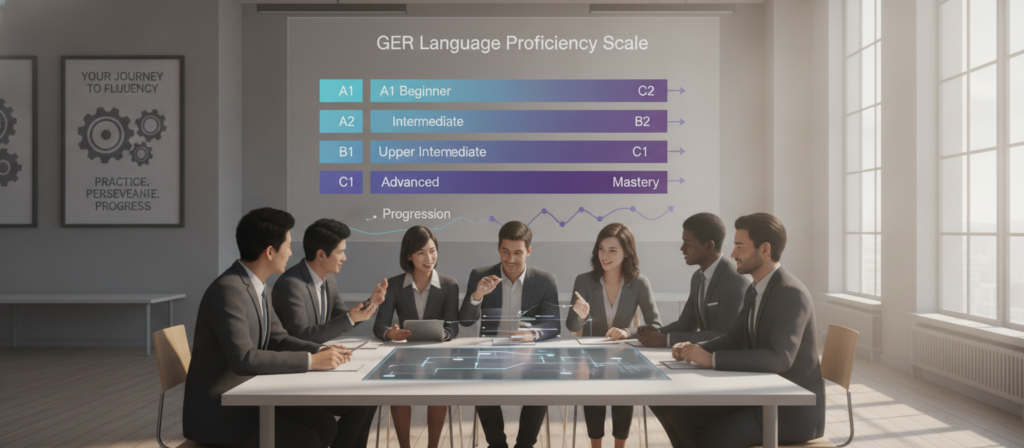 A visually engaging illustration depicting the progression of English language proficiency from the GER scale levels A1 to C2. A visually engaging illustration depicting the progression of English language proficiency from the GER scale levels A1 to C2. In the foreground, show a diverse group of individuals of various ethnic backgrounds engaged in a collaborative learning environment, dressed in professional business attire. In the middle ground, include a detailed chart or infographic that clearly represents the GER scale levels with distinct gradients from beginner to advanced. The background features a bright, modern classroom with motivational educational posters on the walls and natural light streaming in through large windows, creating a warm and inviting atmosphere. The overall mood should convey determination and positivity, emphasizing the journey of language learning. Use soft, diffused lighting to enhance a sense of hope and engagement in the scene.