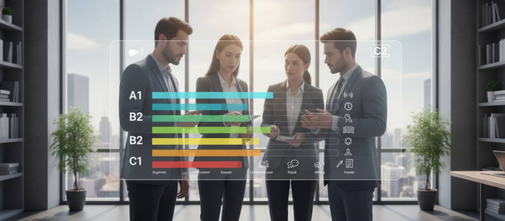 A visually engaging illustration representing the concept of determining English proficiency levels based on the CEFR framework. In the foreground, a professional and diverse group of individuals in business attire (two men and two women) collaborate over a chart depicting the CEFR levels: A1, A2, B1, B2, C1, and C2. In the middle, the chart is detailed, with clear visual indicators for each level using colors and icons, symbolizing different skills like speaking, reading, and writing. The background features a modern office setting with large windows letting in natural light, creating a bright and inspirational atmosphere. The overall mood conveys professionalism, study, and determination.