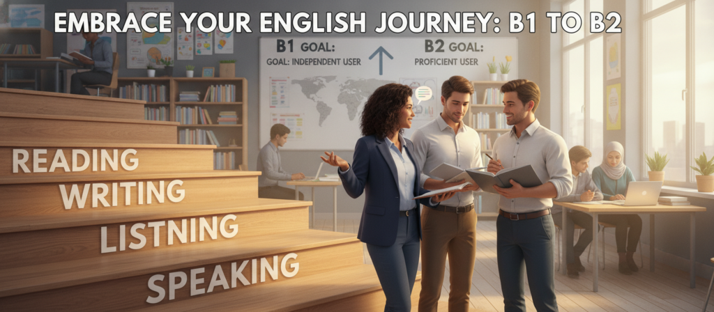 A visually engaging illustration showing the progression from B1 to B2 English language proficiency. In the foreground, create a staircase with clearly defined steps, each labeled with key skills such as "Reading", "Writing", "Listening", and "Speaking." The middle layer features diverse individuals in professional attire, such as a woman in a smart blazer and a man in a button-up shirt, enthusiastically collaborating and studying together. In the background, depict a vibrant and dynamic classroom setting with colorful educational materials, charts, and books, suggesting an atmosphere of learning and motivation. Enhance the scene with warm, inviting lighting to convey positivity and encouragement, captured from a slightly elevated angle to show the full staircase and the learners' engaged expressions, inspiring viewers to embrace their journey from B1 to B2 English. A visually engaging illustration showing the progression from B1 to B2 English language proficiency. In the foreground, create a staircase with clearly defined steps, each labeled with key skills such as "Reading", "Writing", "Listening", and "Speaking." The middle layer features diverse individuals in professional attire, such as a woman in a smart blazer and a man in a button-up shirt, enthusiastically collaborating and studying together. In the background, depict a vibrant and dynamic classroom setting with colorful educational materials, charts, and books, suggesting an atmosphere of learning and motivation. Enhance the scene with warm, inviting lighting to convey positivity and encouragement, captured from a slightly elevated angle to show the full staircase and the learners' engaged expressions, inspiring viewers to embrace their journey from B1 to B2 English.