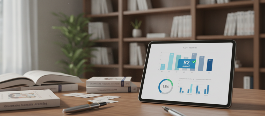 A visually engaging image of French language proficiency test results displayed in a clear, organized format. In the foreground, show a close-up of a sleek, modern tablet or laptop screen featuring colorful graphs, charts, and a visual representation of CEFR levels from A1 to C2. In the middle ground, include a soft-focus desk setting with French language study materials such as textbooks, flashcards, and a stylish pen. In the background, a well-lit room exudes a scholarly atmosphere with a bookshelf filled with French novels and a potted plant adding a touch of greenery. Soft, natural light illuminates the scene, creating a professional yet inviting mood, ideal for study and assessment. The image should be clear and detailed, without any text or overlays. A visually engaging image of French language proficiency test results displayed in a clear, organized format. In the foreground, show a close-up of a sleek, modern tablet or laptop screen featuring colorful graphs, charts, and a visual representation of CEFR levels from A1 to C2. In the middle ground, include a soft-focus desk setting with French language study materials such as textbooks, flashcards, and a stylish pen. In the background, a well-lit room exudes a scholarly atmosphere with a bookshelf filled with French novels and a potted plant adding a touch of greenery. Soft, natural light illuminates the scene, creating a professional yet inviting mood, ideal for study and assessment. The image should be clear and detailed, without any text or overlays.