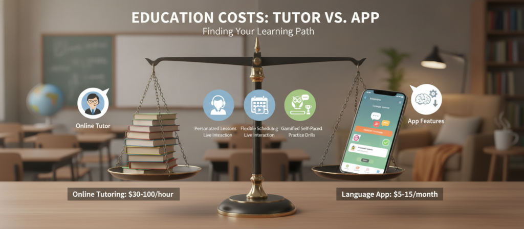 A visually engaging infographic-style image contrasting the cost of online tutoring with language app affordability. In the foreground, an elegant, sleek scale balances two elements: a stack of books and a smartphone displaying a language app, both reflecting the theme of education. The middle section features visually appealing icons representing both online tutors, dressed in business attire, and app features, like interactive lessons. The background showcases a blurred classroom environment on one side and a cozy study space on the other, enhancing the theme of learning. Soft, warm lighting illuminates the scene, with a focus on inviting and informative elements. The atmosphere is professional yet accessible, encouraging viewers to consider their learning options.