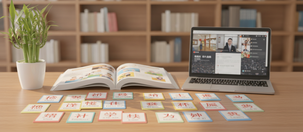 A visually engaging learning environment featuring a collection of Chinese vocabulary words alongside their corresponding Chinese characters. In the foreground, a neatly arranged wooden desk holds colorful flashcards displaying various basic Chinese words and characters. A potted bamboo plant adds a touch of nature. The middle scene showcases a large, open textbook with illustrative examples, alongside a laptop displaying an online lesson interface, hinting at digital learning. The background features a soft, blurred library scene with shelves filled with books, conveying an academic atmosphere. The lighting is warm and inviting, enhancing the sense of focus and motivation, with soft shadows adding depth. The overall mood is encouraging and educational, perfect for beginners embarking on their journey to learn Chinese. A visually engaging learning environment featuring a collection of Chinese vocabulary words alongside their corresponding Chinese characters. In the foreground, a neatly arranged wooden desk holds colorful flashcards displaying various basic Chinese words and characters. A potted bamboo plant adds a touch of nature. The middle scene showcases a large, open textbook with illustrative examples, alongside a laptop displaying an online lesson interface, hinting at digital learning. The background features a soft, blurred library scene with shelves filled with books, conveying an academic atmosphere. The lighting is warm and inviting, enhancing the sense of focus and motivation, with soft shadows adding depth. The overall mood is encouraging and educational, perfect for beginners embarking on their journey to learn Chinese.