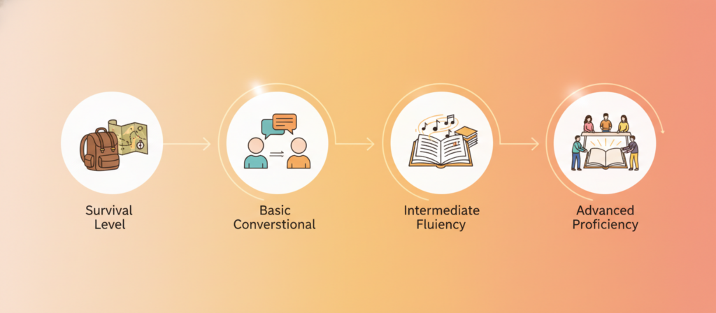 A visually engaging timeline illustrating the stages of Spanish language learning, set against a soft gradient background of warm colors to evoke a sense of growth and progress. In the foreground, distinct milestones should be represented through icons or illustrations: "Survival Level" with a backpack and map, "Basic Conversational" with people engaging in dialogue, "Intermediate Fluency" featuring notes and books, and "Advanced Proficiency" showing a group in a scholarly discussion. In the middle ground, subtle visual markers or arrows guide the viewer through the timeline visually. Lighting should be soft and bright, creating a welcoming atmosphere. The image should have a clean layout with no text or distractions, focusing solely on the journey of learning Spanish.
