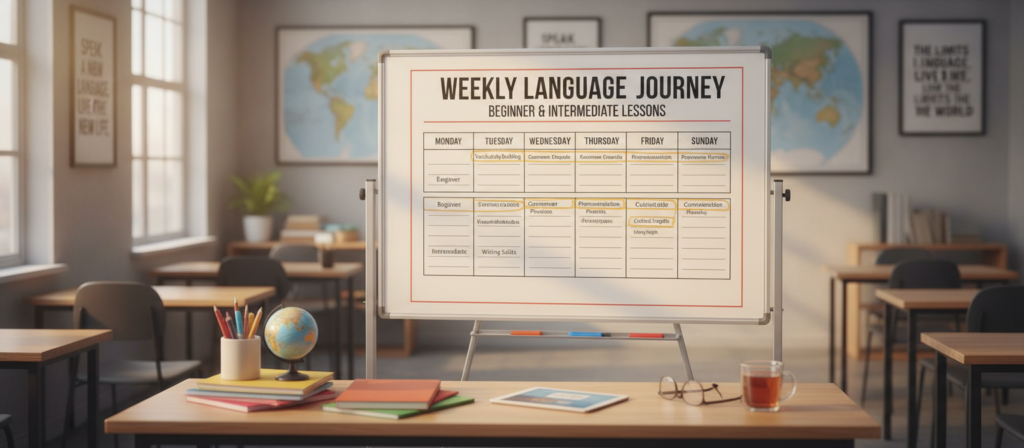 A visually engaging weekly schedule for beginner and intermediate language lessons, prominently displayed on a clean, organized classroom board. The foreground features the schedule, segmented into days of the week with boxes for lessons, highlighting themes like vocabulary, grammar, and pronunciation. In the middle, a desk with neatly arranged stationery and language books emphasizes the educational focus. The background shows a softly lit classroom environment, adorned with world maps and inspirational language quotes. Use natural daylight for warm lighting, with a slightly blurred depth of field to draw attention to the schedule. The overall atmosphere is encouraging and professional, reflecting the dedication to language learning while maintaining a welcoming ambiance.