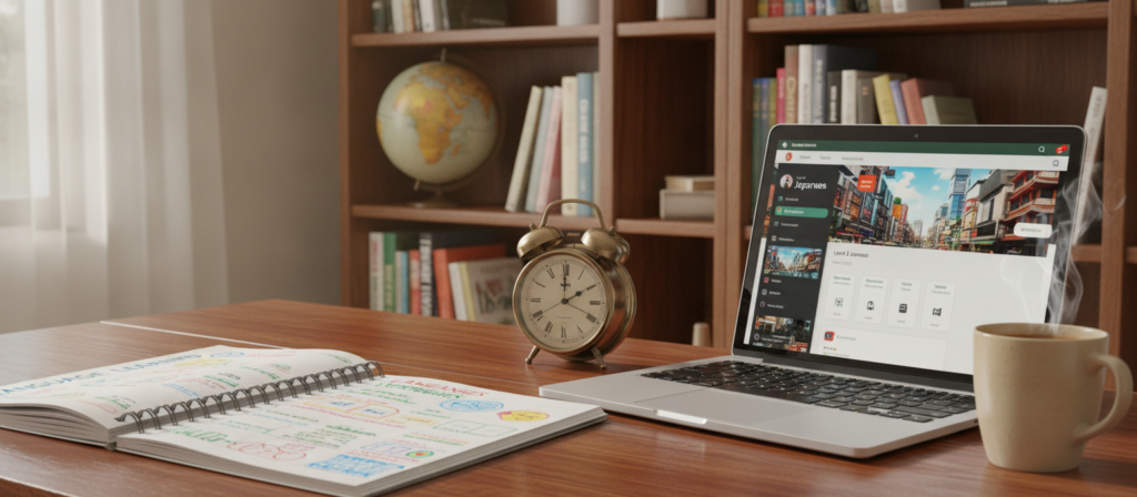 A well-organized language study plan laid out on a wooden desk. In the foreground, a notebook open to a page filled with colorful notes and diagrams about language learning strategies. Beside it, a laptop displaying an online language course with engaging visuals. In the middle ground, a coffee cup steaming gently, symbolizing focus and energy, alongside a clock indicating time management. The background features a bookshelf filled with language textbooks and a globe, reflecting a diverse linguistic environment. Soft, natural light streams through a nearby window, creating a warm and inviting atmosphere. The mood is motivational and productive, emphasizing the importance of effective study organization in language learning. A well-organized language study plan laid out on a wooden desk. In the foreground, a notebook open to a page filled with colorful notes and diagrams about language learning strategies. Beside it, a laptop displaying an online language course with engaging visuals. In the middle ground, a coffee cup steaming gently, symbolizing focus and energy, alongside a clock indicating time management. The background features a bookshelf filled with language textbooks and a globe, reflecting a diverse linguistic environment. Soft, natural light streams through a nearby window, creating a warm and inviting atmosphere. The mood is motivational and productive, emphasizing the importance of effective study organization in language learning.