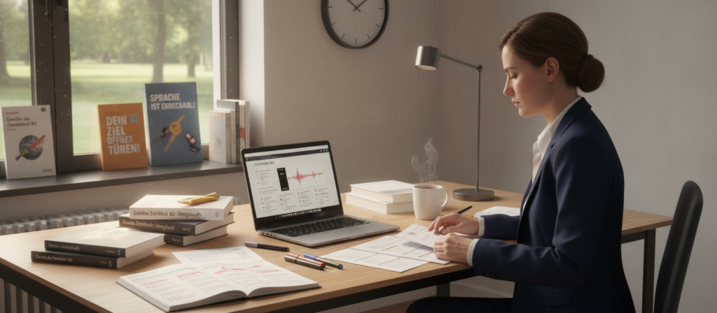A well-organized study space featuring diverse materials for preparing for the Goethe B2 exam. In the foreground, a focused individual in professional attire is sitting at a modern desk, reviewing reading and listening practice papers. The middle section shows an open laptop displaying a listening exercise, along with textbooks and note-taking supplies scattered around. A wall clock indicates the time, emphasizing a structured study plan. In the background, a bright window lets in natural light, creating an inviting atmosphere. The room is decorated with motivational posters related to language learning. The overall mood is one of concentration and determination, with soft, warm lighting enhancing the study environment.